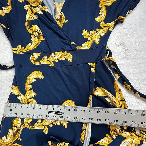 Gilli Women Navy Gold Baroque Print Short Sleeve Wrap Maxi Dress Small Tie-Waist - Picture 8 of 9